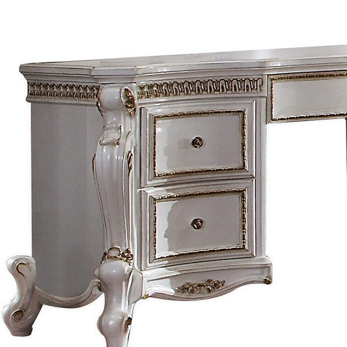 Wooden Vanity Desk with Scrolled motifs and Storage Space, White