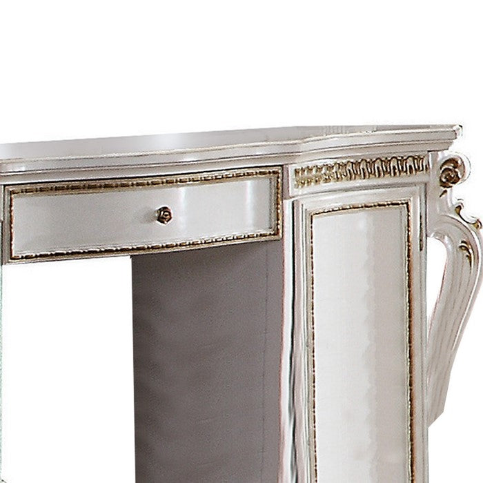 Wooden Vanity Desk with Scrolled motifs and Storage Space, White