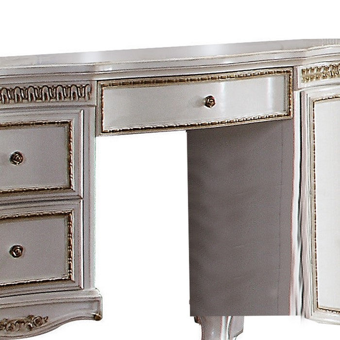Wooden Vanity Desk with Scrolled motifs and Storage Space, White