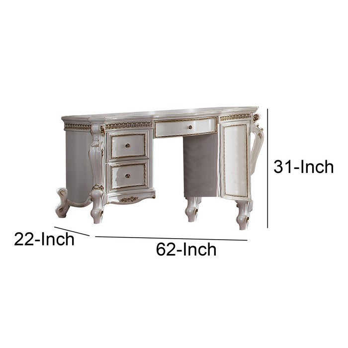Wooden Vanity Desk with Scrolled motifs and Storage Space, White