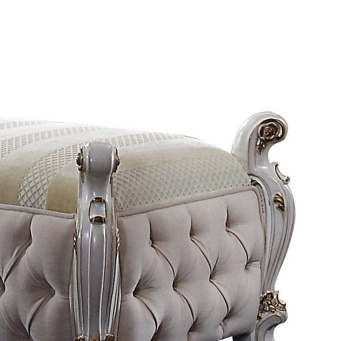 Wood and Fabric Bench with Decorative Moldings, White