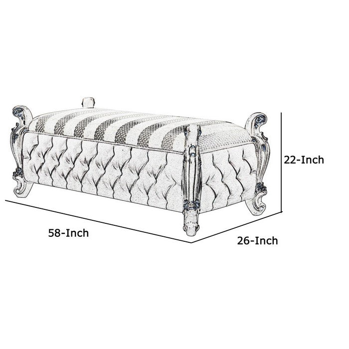 Wood and Fabric Bench with Decorative Moldings, White