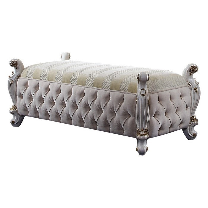 Wood and Fabric Bench with Decorative Moldings, White
