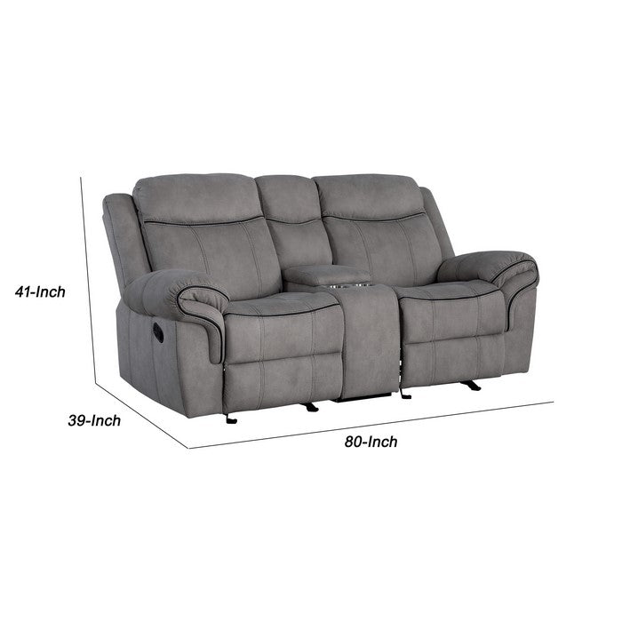 Fabric Upholstered Metal Reclining Loveseat with Center Console, Gray