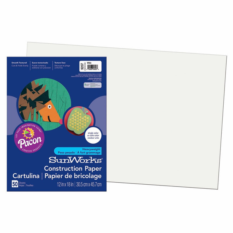 Pacon SunWorks Construction Paper, 12-Inches by 18-Inches, 50-Count, White (9207)