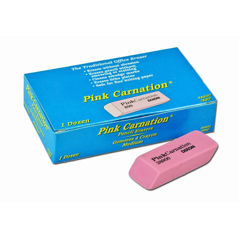 Dixon Pink Carnation Erasers, Medium, 2-5/16 x 13/16 x 7/17, 12-Count Box (38900)