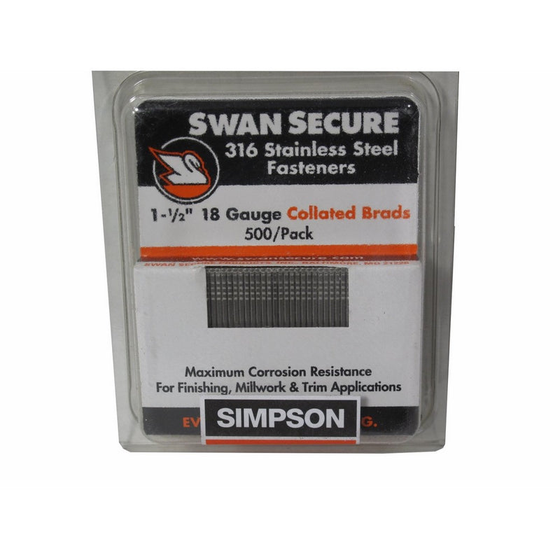 Simpson Swan Secure T18N150FNB 18-Gauge 316 Stainless Steel 1-1/2-Inch Brad Nails, 500 Per Box