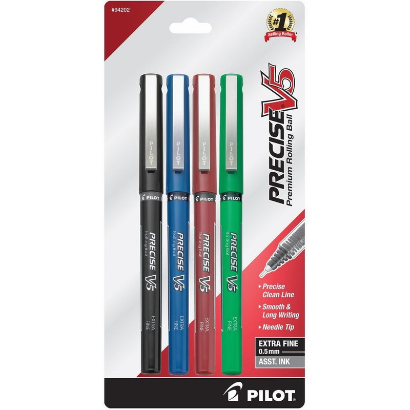 Pilot Precise V5 Stick Rolling Ball Pens, Extra Fine Point, 4-Pack, Black/Blue/Red/Green Inks (94202)