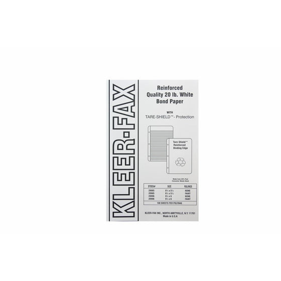 Kleer-Fax Tare-Shield Mylar Reinforced Filler Paper, Unruled, 50# White Offset, 8-1/2 x 5-1/2 Inches, 100 Sheets per Pack, 20085