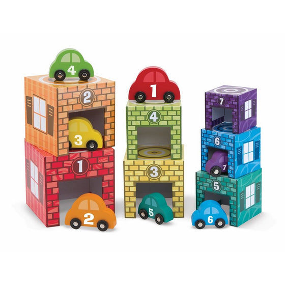 Melissa & Doug Nesting and Sorting Garages and Cars With 7 Graduated Garages and 7 Stackable Wooden Cars