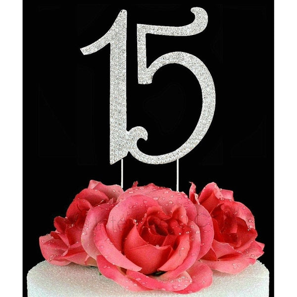 Lulu Sparkles LLC Quinceanera 15 Rhinestone Crystal Cake Topper 15 Birthday Anniversary Diamante Bling Monogram Numbers Cake Topper Bonus Stylus Pen Gift