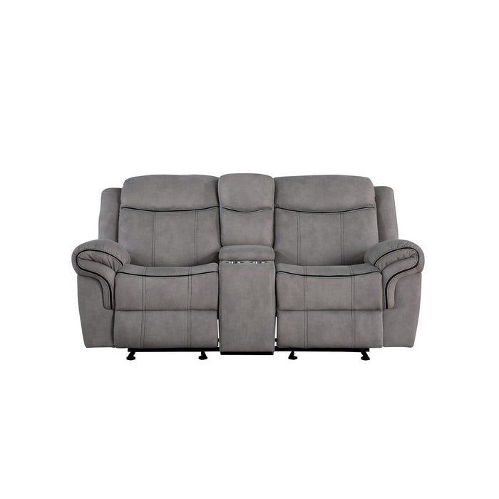 Fabric Upholstered Metal Reclining Loveseat with Center Console, Gray