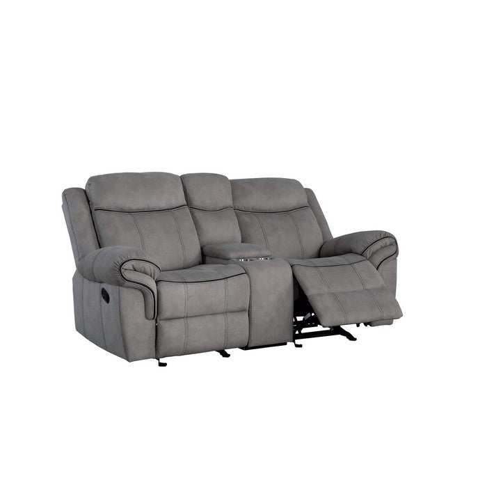 Fabric Upholstered Metal Reclining Loveseat with Center Console, Gray