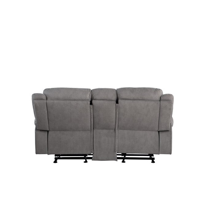 Fabric Upholstered Metal Reclining Loveseat with Center Console, Gray