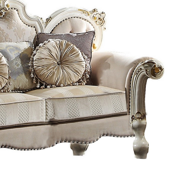 Wood and Fabric Traditional Style Loveseat with Toss Pillows, White and Cream