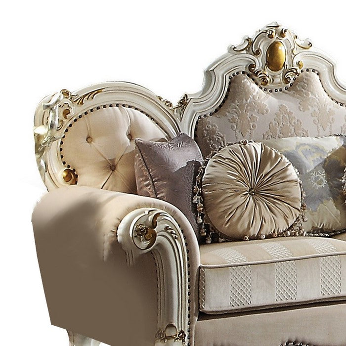 Wood and Fabric Traditional Style Loveseat with Toss Pillows, White and Cream