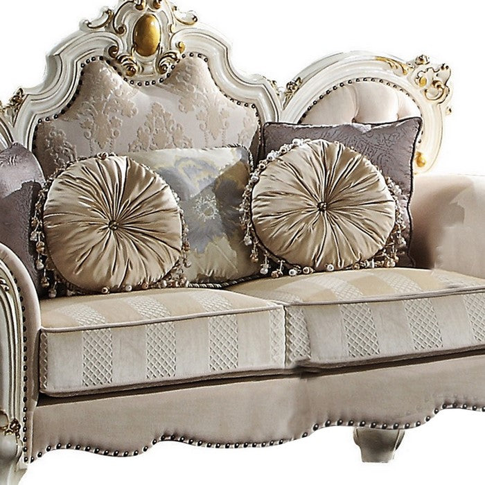 Wood and Fabric Traditional Style Loveseat with Toss Pillows, White and Cream