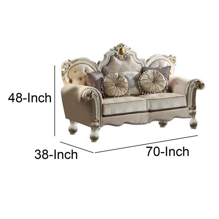 Wood and Fabric Traditional Style Loveseat with Toss Pillows, White and Cream