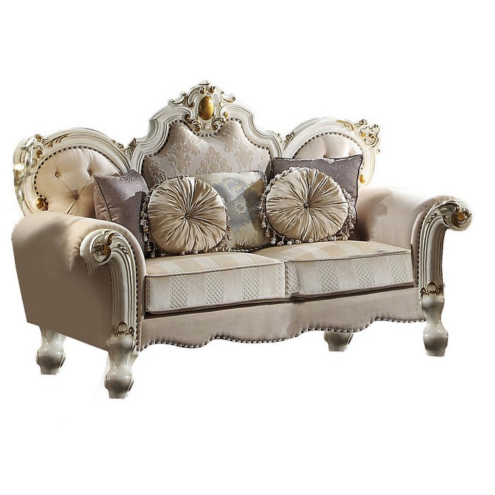 Wood and Fabric Traditional Style Loveseat with Toss Pillows, White and Cream