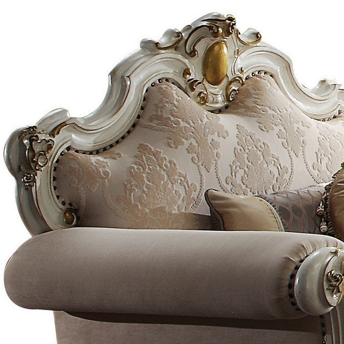 Wood and Fabric Traditional Style Sofa Chair with Toss Pillows, White and Cream