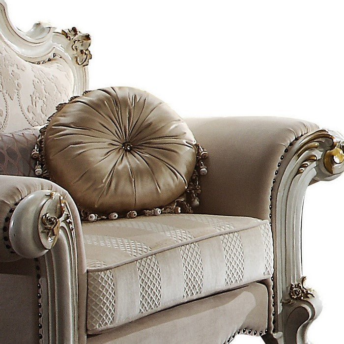 Wood and Fabric Traditional Style Sofa Chair with Toss Pillows, White and Cream