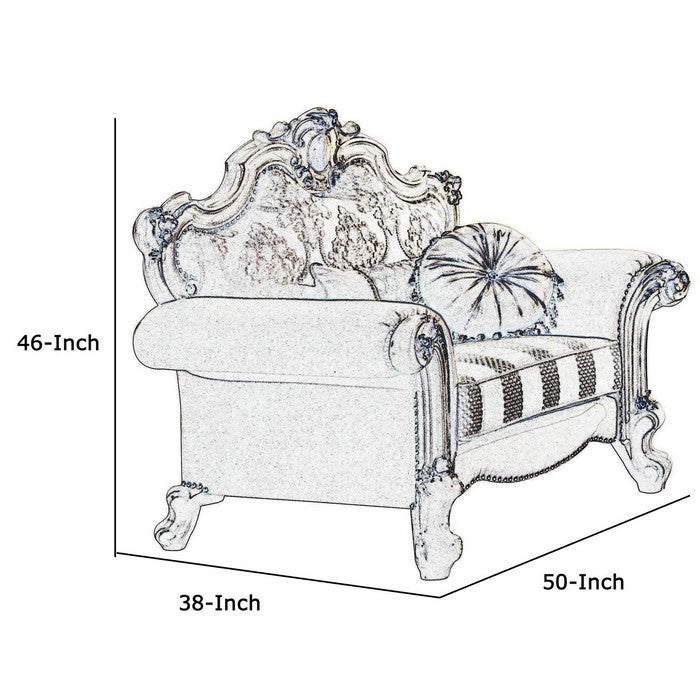 Wood and Fabric Traditional Style Sofa Chair with Toss Pillows, White and Cream