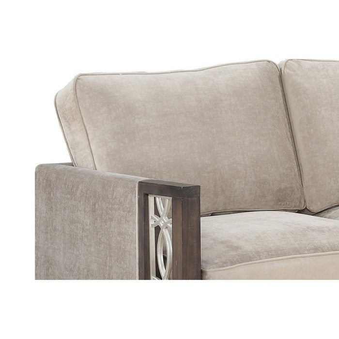 Wood and Fabric Loveseat with Inset Floral Design, Gray and Brown