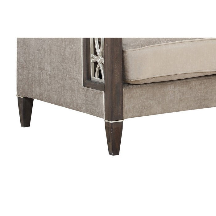 Wood and Fabric Loveseat with Inset Floral Design, Gray and Brown