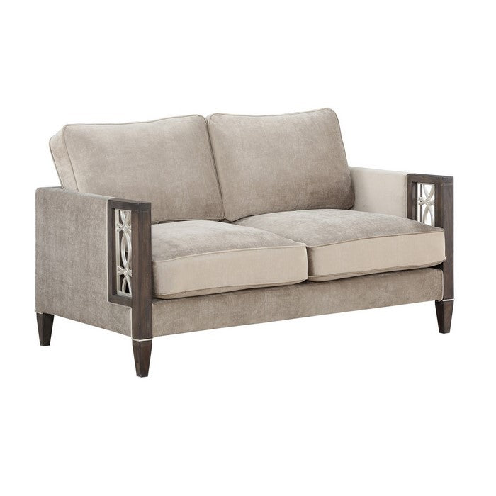 Wood and Fabric Loveseat with Inset Floral Design, Gray and Brown
