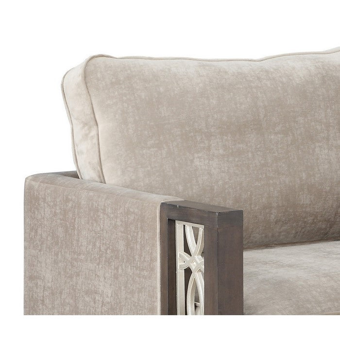 Wood and Fabric Sofa Chair with Inset Floral Design, Gray and Brown