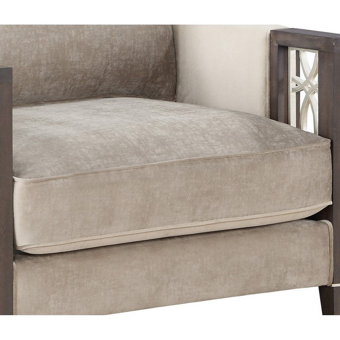 Wood and Fabric Sofa Chair with Inset Floral Design, Gray and Brown