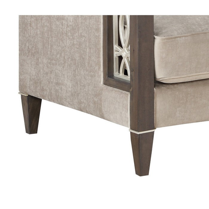 Wood and Fabric Sofa Chair with Inset Floral Design, Gray and Brown