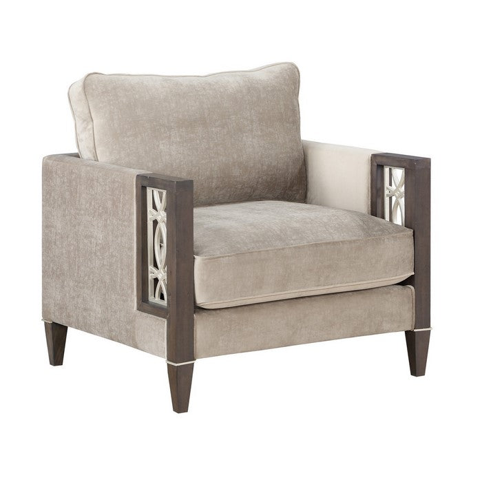Wood and Fabric Sofa Chair with Inset Floral Design, Gray and Brown