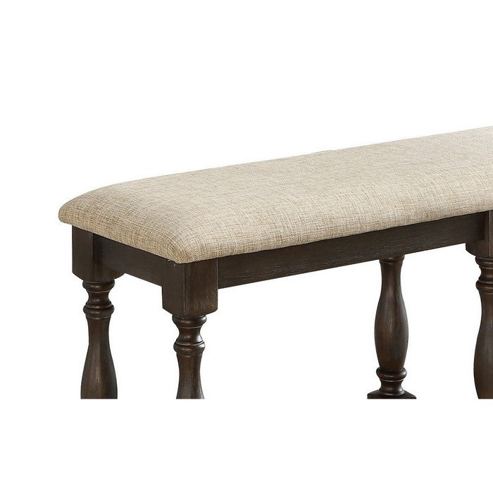 Wood and Fabric Bench with Turned Legs, Brown and Beige