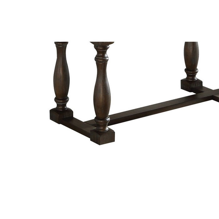 Wood and Fabric Bench with Turned Legs, Brown and Beige