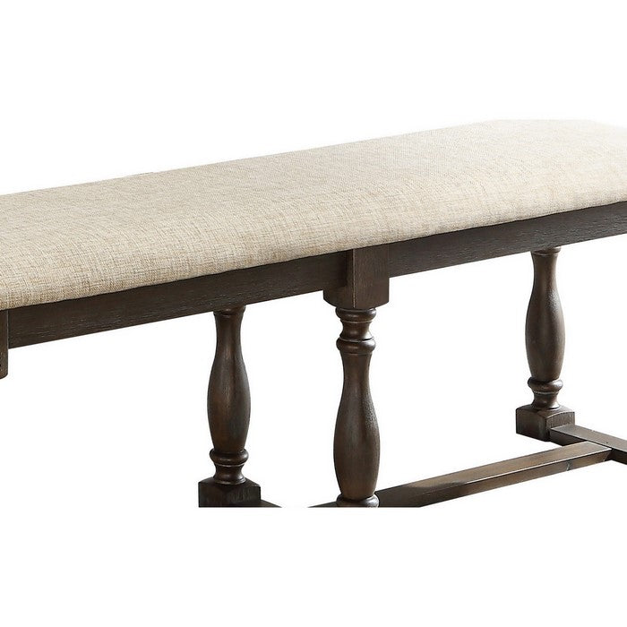 Wood and Fabric Bench with Turned Legs, Brown and Beige