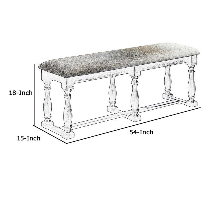 Wood and Fabric Bench with Turned Legs, Brown and Beige