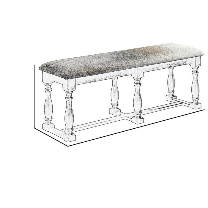 Wood and Fabric Bench with Turned Legs, Brown and Beige