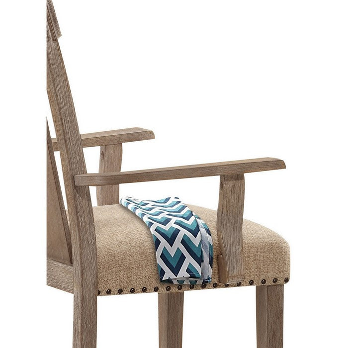 Wood and Fabric Dining Side Armchairs with Nail Head Trim, Beige and Brown