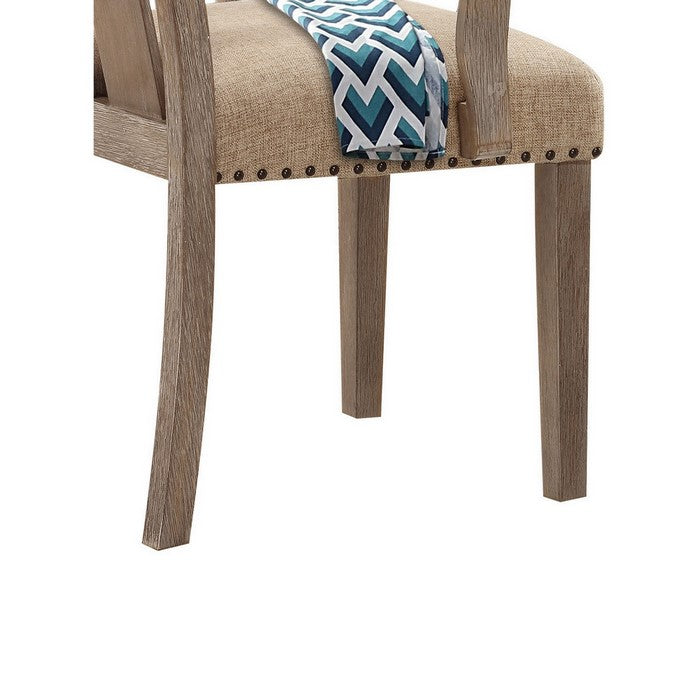 Wood and Fabric Dining Side Armchairs with Nail Head Trim, Beige and Brown