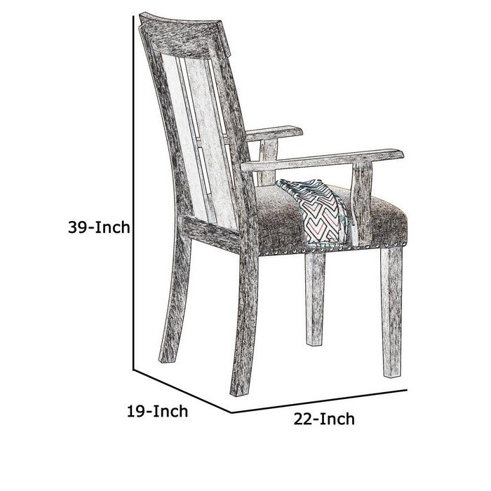 Wood and Fabric Dining Side Armchairs with Nail Head Trim, Beige and Brown