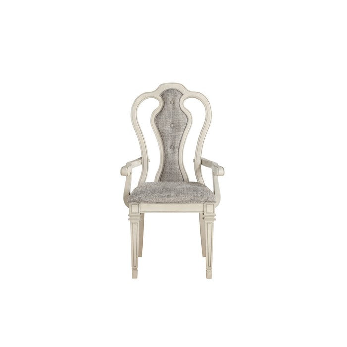 Wood and Fabric Dining Side Armchairs with Curved Back, Set of 2, White and Gray