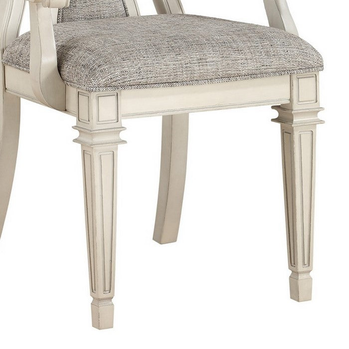 Wood and Fabric Dining Side Armchairs with Curved Back, Set of 2, White and Gray