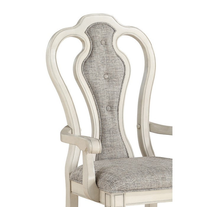 Wood and Fabric Dining Side Armchairs with Curved Back, Set of 2, White and Gray