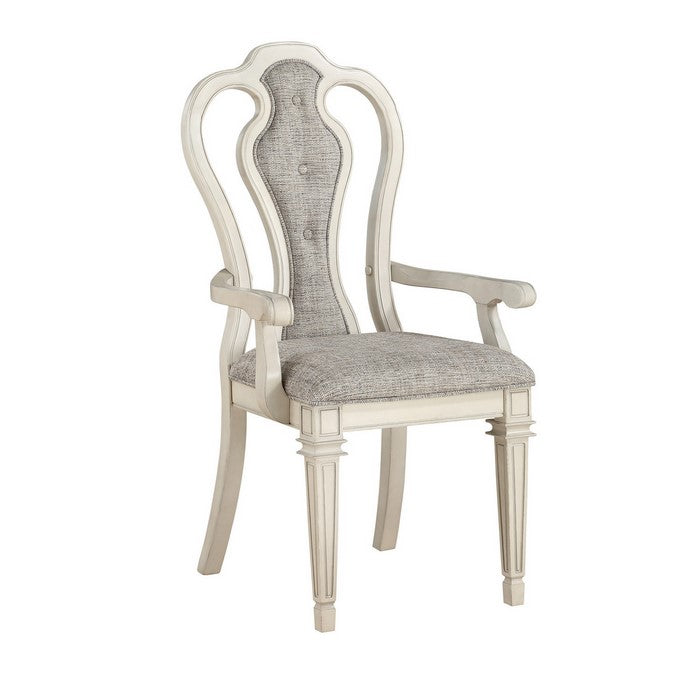 Wood and Fabric Dining Side Armchairs with Curved Back, Set of 2, White and Gray