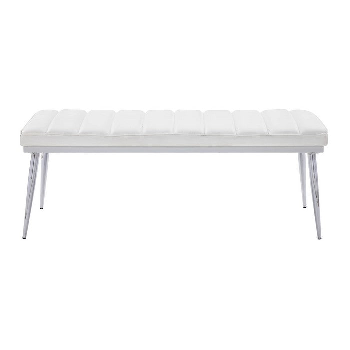 Metal and Faux Leather Bench with Vertical Chanel Tufts, White and Chrome
