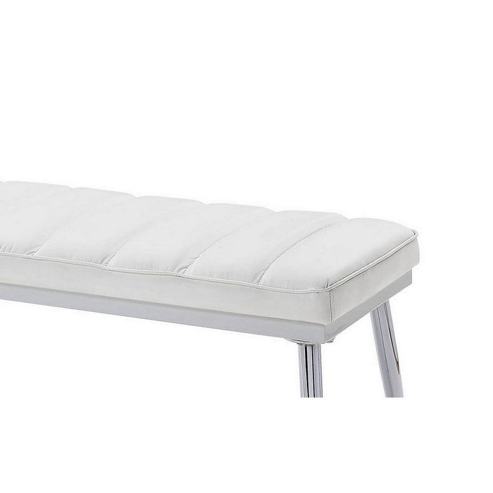 Metal and Faux Leather Bench with Vertical Chanel Tufts, White and Chrome