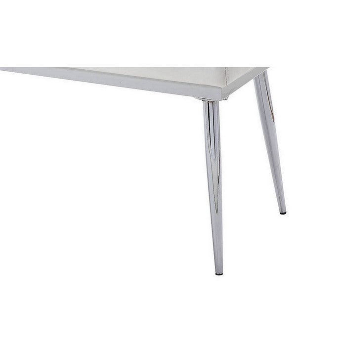 Metal and Faux Leather Bench with Vertical Chanel Tufts, White and Chrome