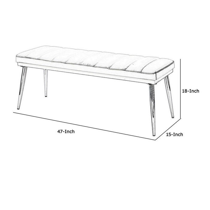 Metal and Faux Leather Bench with Vertical Chanel Tufts, White and Chrome