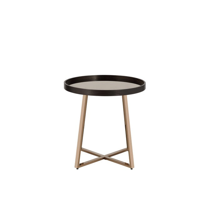 Wood and Metal End Table with Glass Top, Gold and Brown